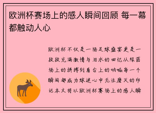 欧洲杯赛场上的感人瞬间回顾 每一幕都触动人心