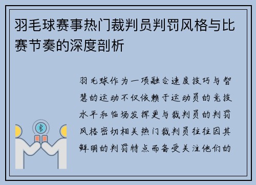 羽毛球赛事热门裁判员判罚风格与比赛节奏的深度剖析